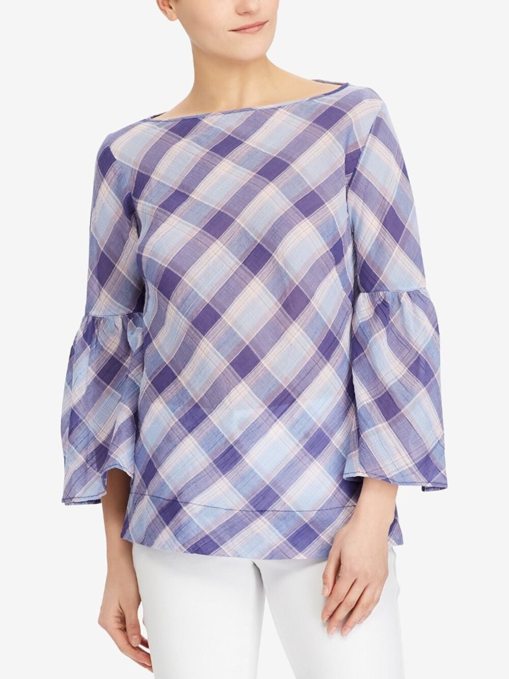 LAUREN RALPH LAUREN Womens Bell Sleeve Plaid Print Blouse